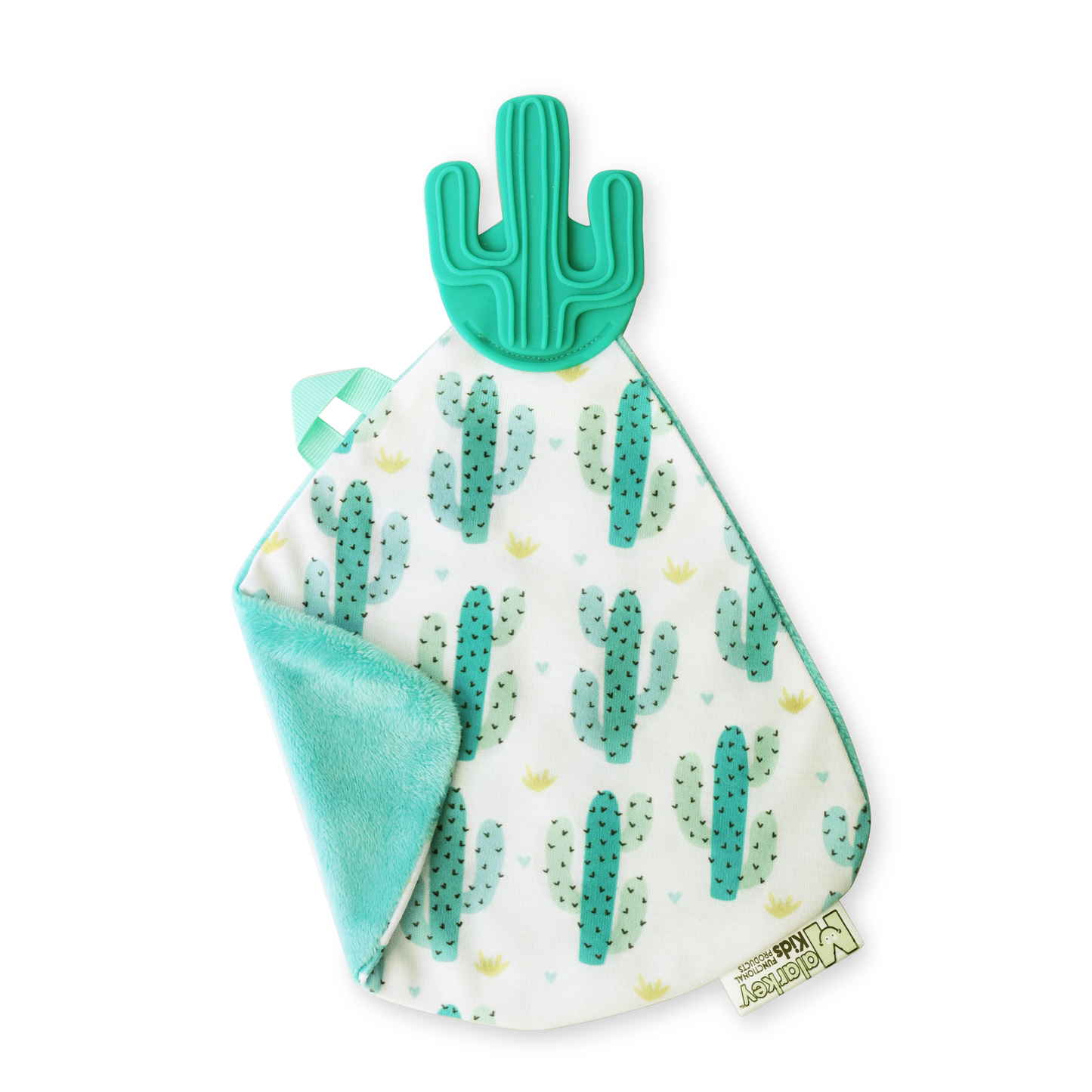 a convenient teether and cozy blanket for baby. Designed to target baby's emerging front& eye teeth as well as early molars.  The soft blanket is perfect for snuggling and absorbing drool