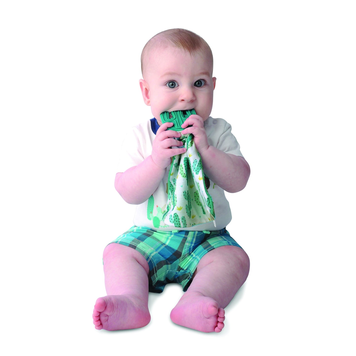a convenient teether and cozy blanket for baby. Designed to target baby's emerging front& eye teeth as well as early molars.  The soft blanket is perfect for snuggling and absorbing drool